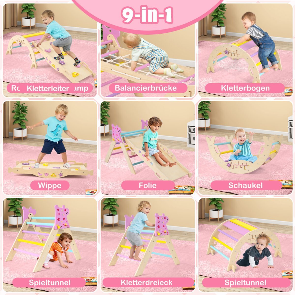 Montessori medinis laipiojimo rinkinys vaikams su sulankstomu trikampiu (Pastelinių spalvų) – Paveikslėlis 2