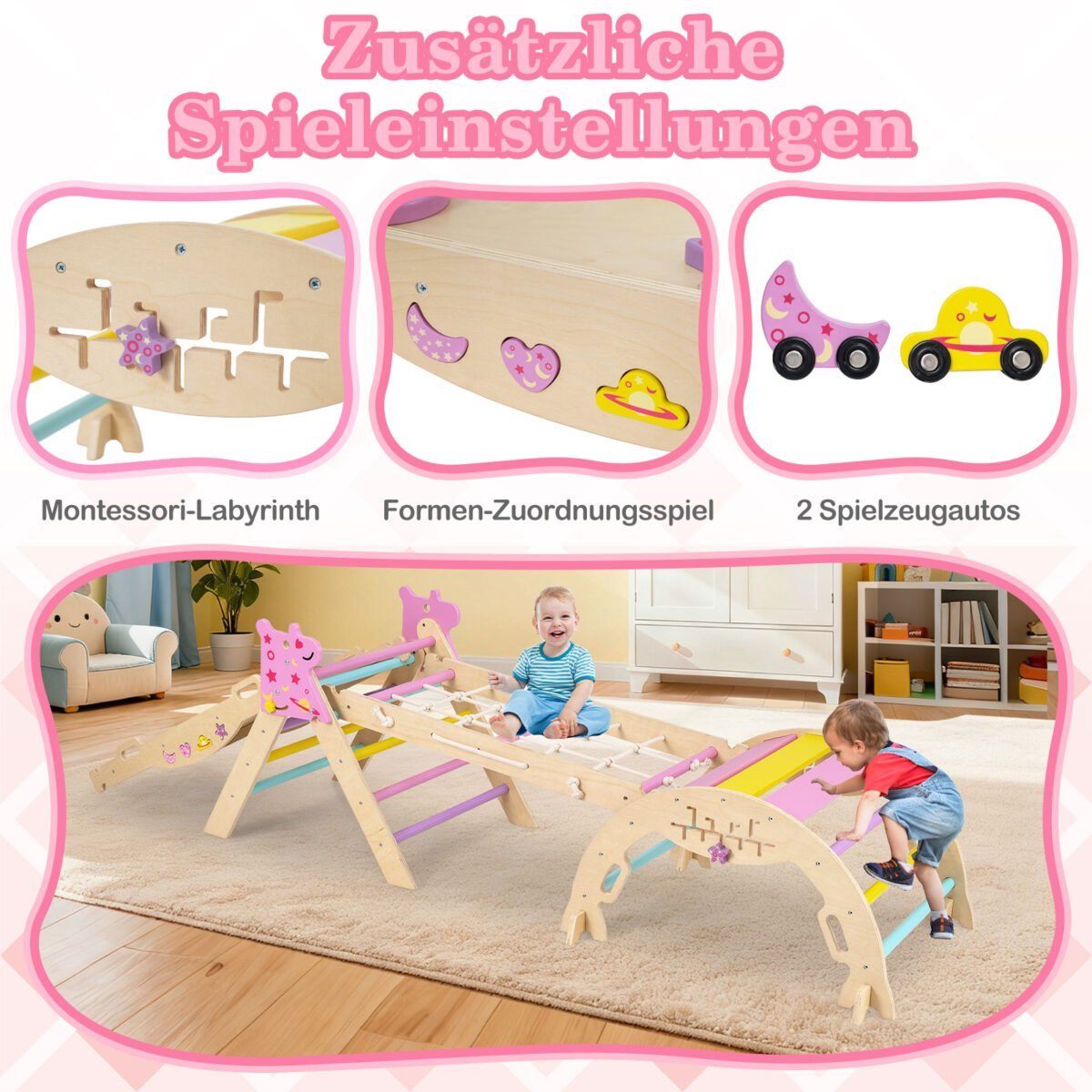 Montessori medinis laipiojimo rinkinys vaikams su sulankstomu trikampiu (Pastelinių spalvų) – Paveikslėlis 4