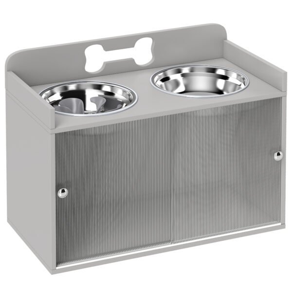 Pakelta šunų maitinimo stotelė su spintele ir dviem dubenėliais