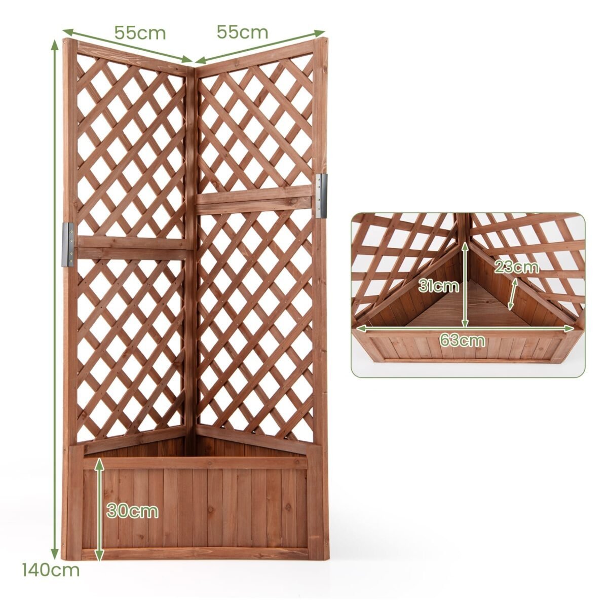 Pakeltas kampinis medinis augalų vazonas su grotelėmis (Ruda) – Paveikslėlis 2