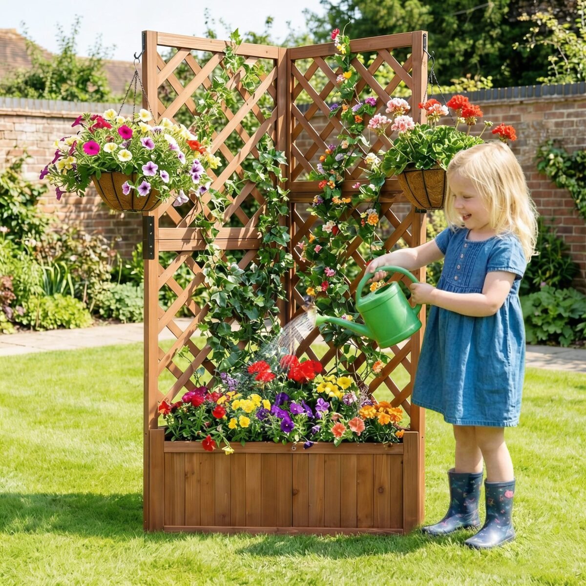 Pakeltas kampinis medinis augalų vazonas su grotelėmis (Ruda) – Paveikslėlis 3