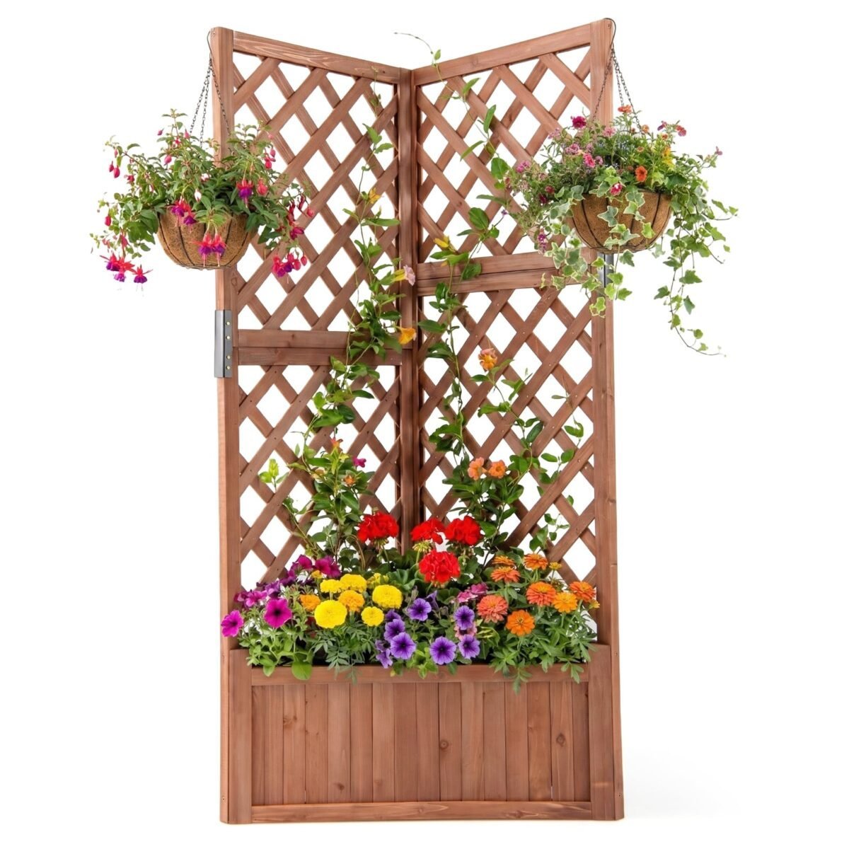 Pakeltas kampinis medinis augalų vazonas su grotelėmis (Ruda) – Paveikslėlis 5