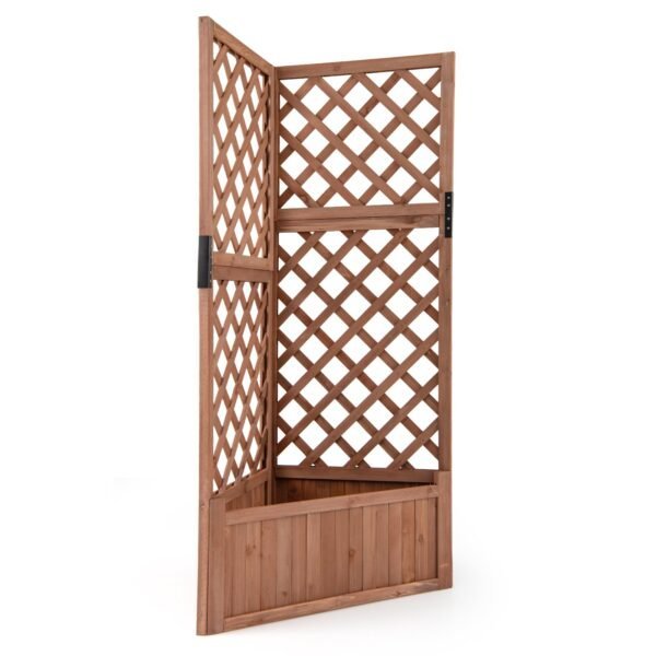 Pakeltas kampinis medinis augalų vazonas su grotelėmis (Ruda)