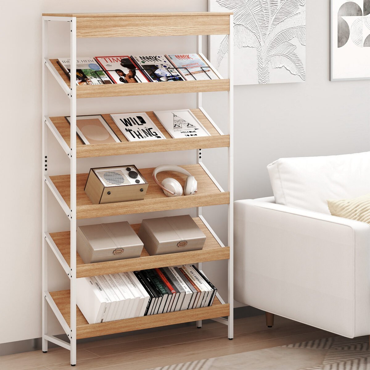 Pramoninio stiliaus 6 aukštų knygų lentyna su L formos lentynomis ir metaliniu rėmu (Natūrali) – Paveikslėlis 4