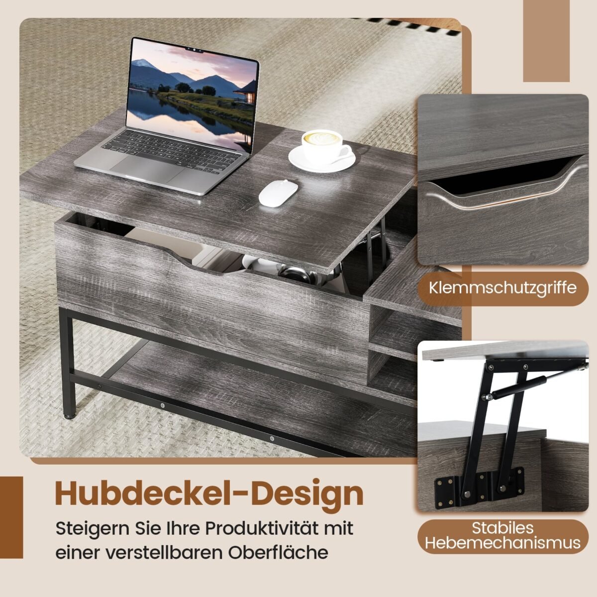 Reguliuojamo aukščio kavos staliukas su paslėptomis ir atviromis daiktadėžėmis (Pilka) – Paveikslėlis 3