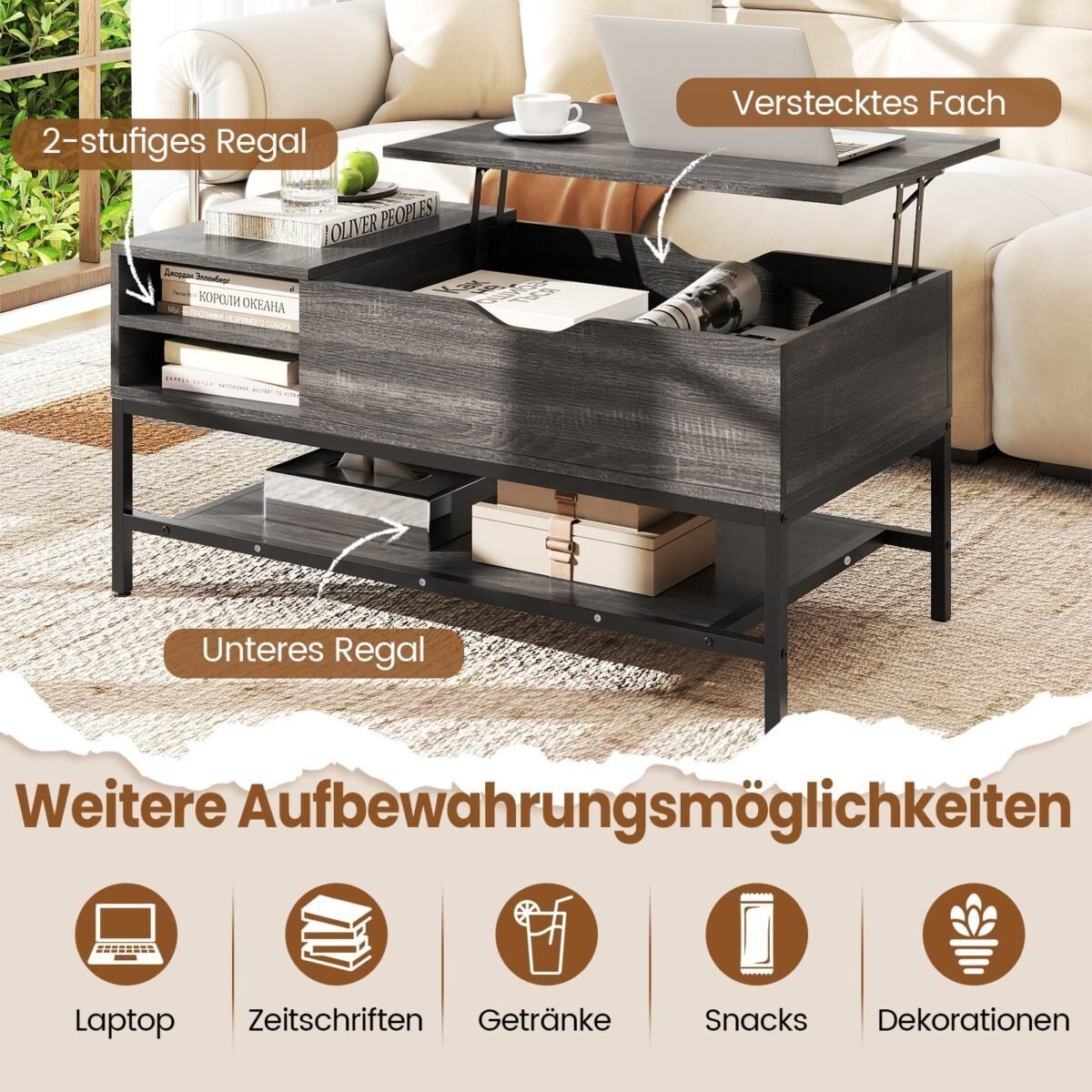 Reguliuojamo aukščio kavos staliukas su paslėptomis ir atviromis daiktadėžėmis (Pilka) – Paveikslėlis 4