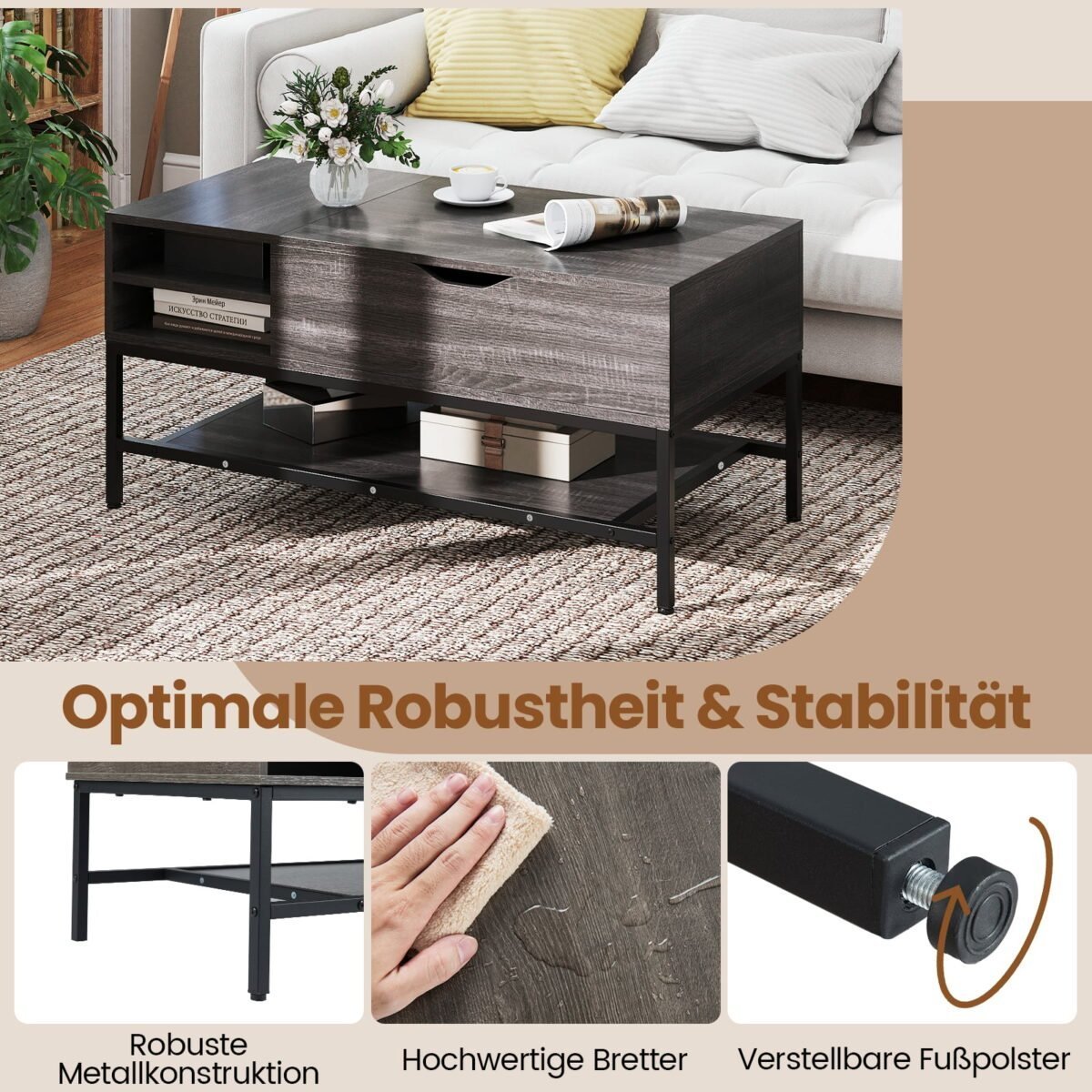 Reguliuojamo aukščio kavos staliukas su paslėptomis ir atviromis daiktadėžėmis (Pilka) – Paveikslėlis 5