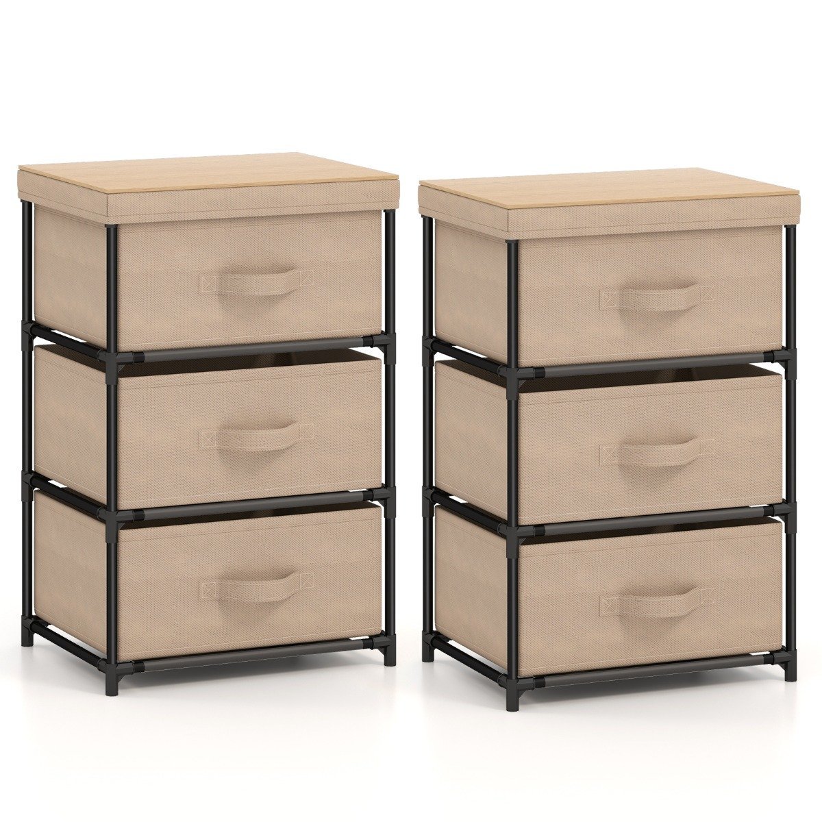 Rinkinys: 2 šoniniai staliukai su 3 medžiaginiais stalčiais ir metaliniu rėmu (Ruda)