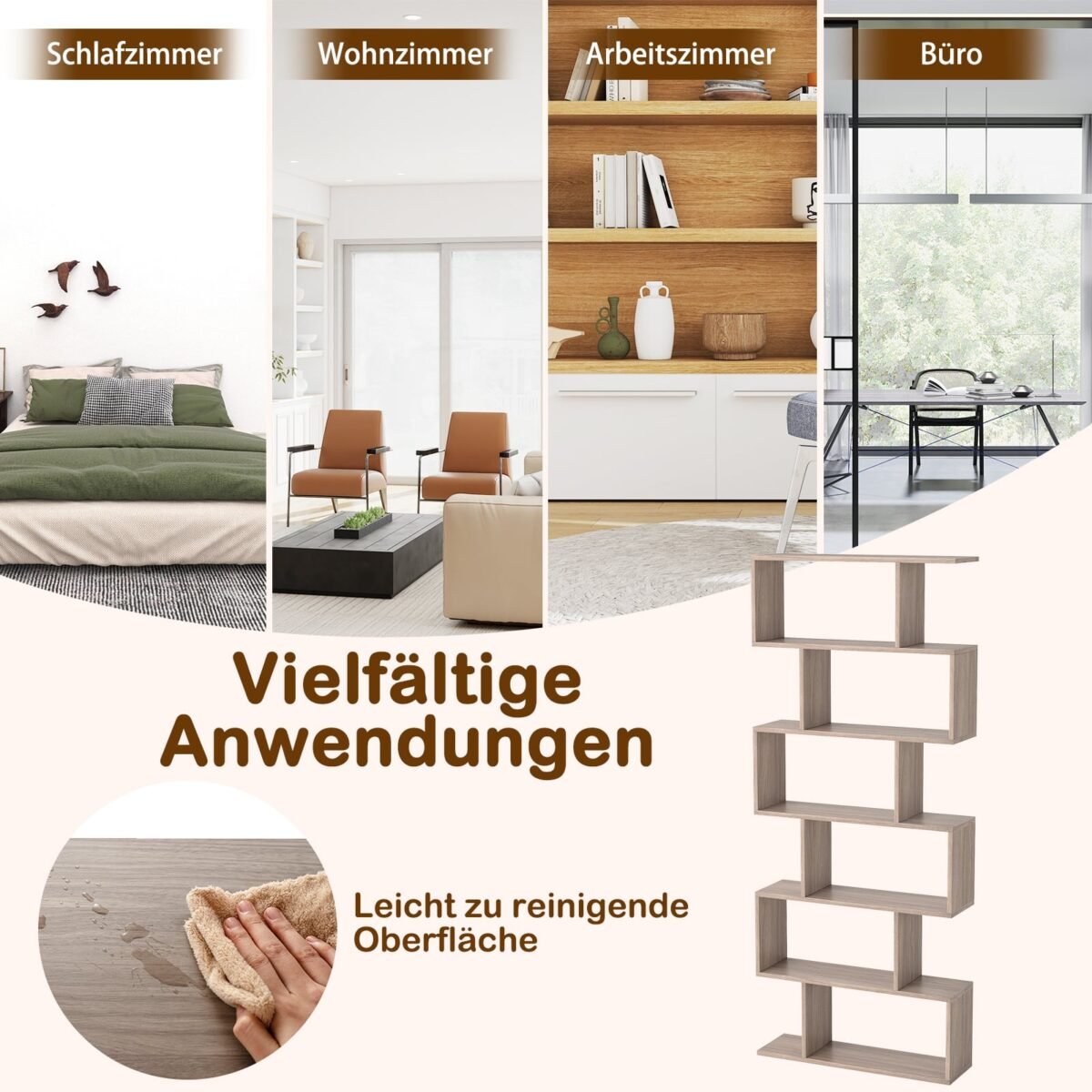 S-formos knygų lentyna su 6 skyriais (Pilka) – Paveikslėlis 3