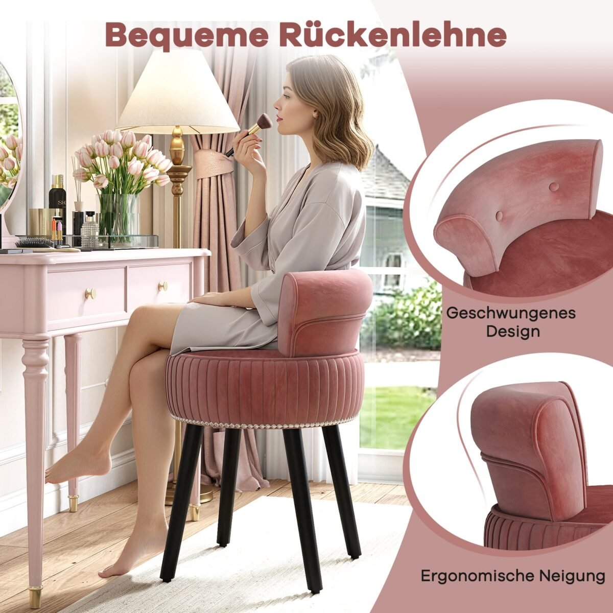 Samto kosmetinis krėslas su paminkštintu atlošu ir sagomis (Rožinė) – Paveikslėlis 5