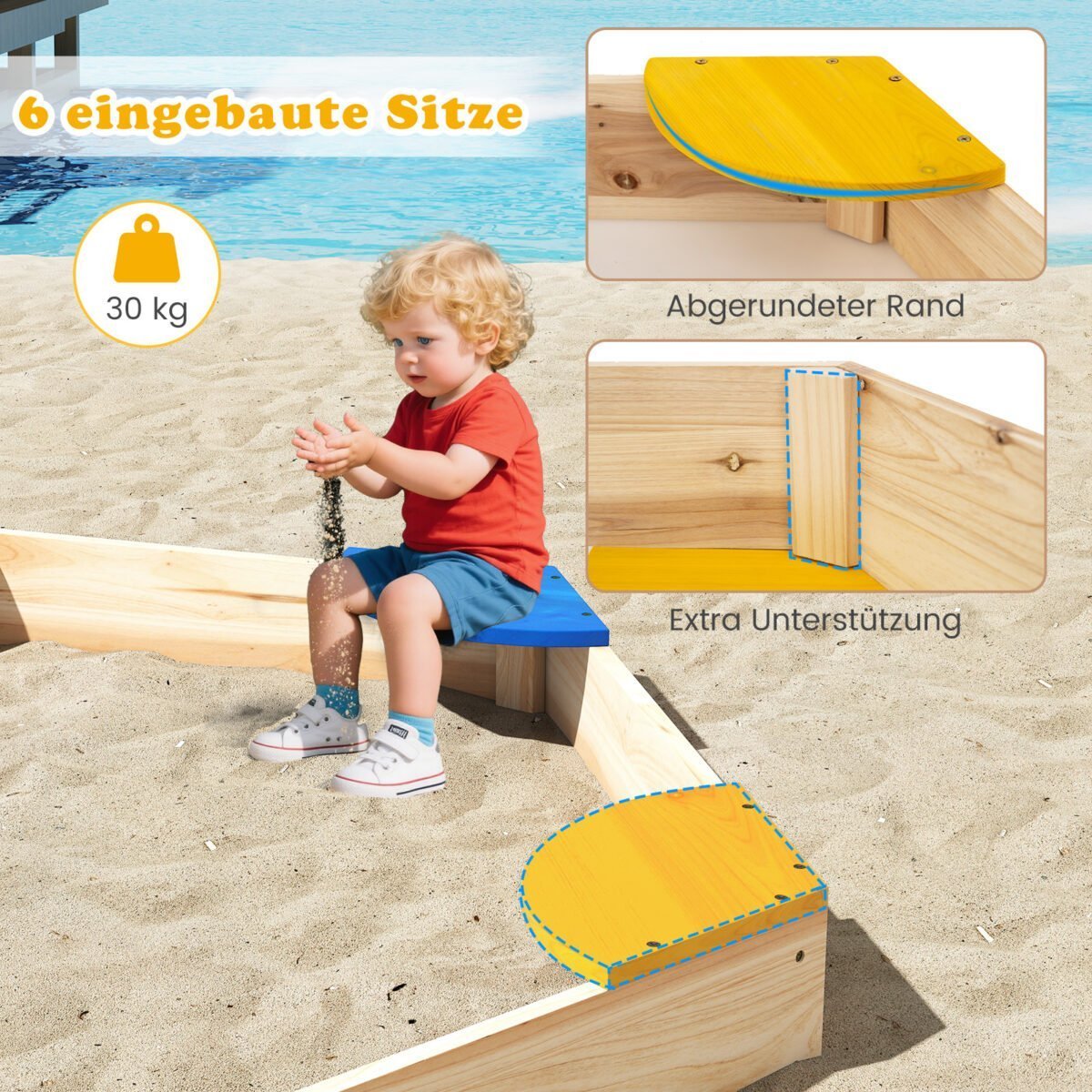 Šešiakampė medinė smėlio dėžė su sėdynėmis ir sodinimo funkcija (Spalvota) – Paveikslėlis 5