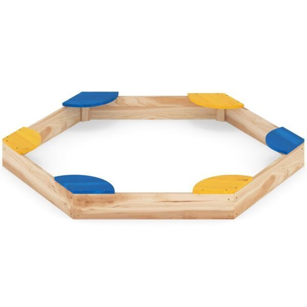 Šešiakampė medinė smėlio dėžė su sėdynėmis ir sodinimo funkcija (Spalvota)