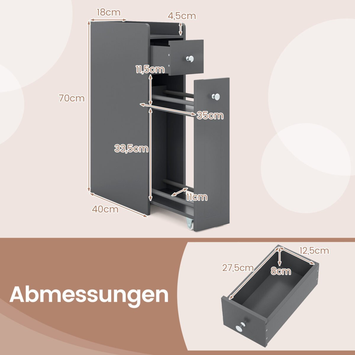 Siaura vonios spintelė su 4 pakopų saugojimo erdve (Pilka) – Paveikslėlis 2