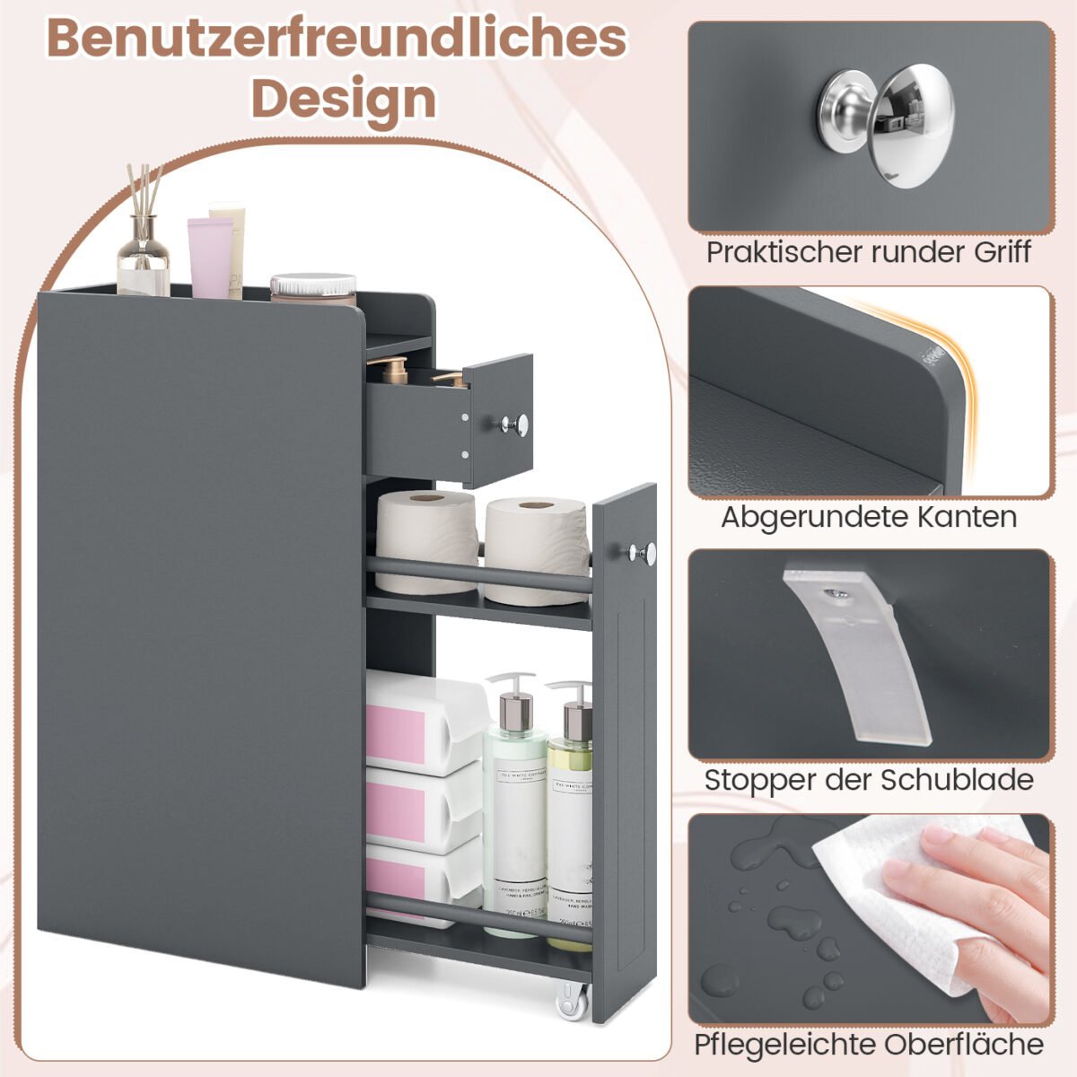 Siaura vonios spintelė su 4 pakopų saugojimo erdve (Pilka) – Paveikslėlis 5