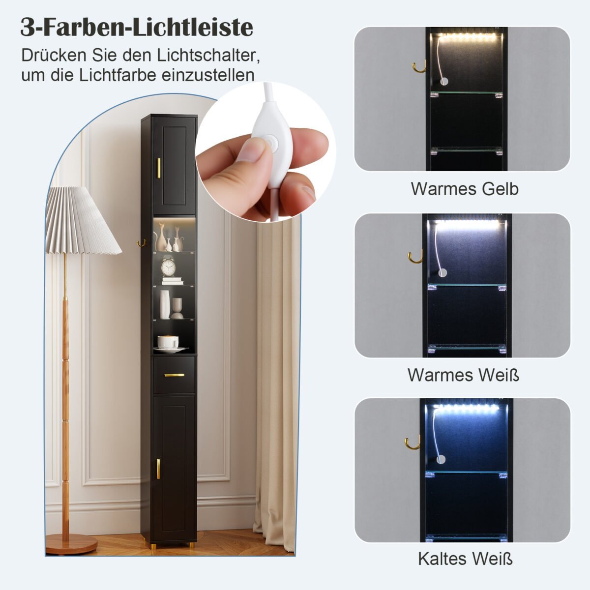 Siaura vonios spintelė su apšvietimu ir stalčiumi (Juoda) – Paveikslėlis 5