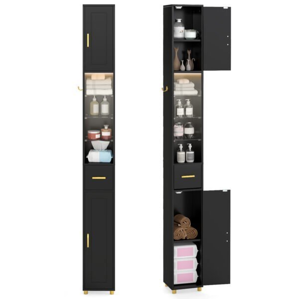 Siaura vonios spintelė su apšvietimu ir stalčiumi (Juoda)