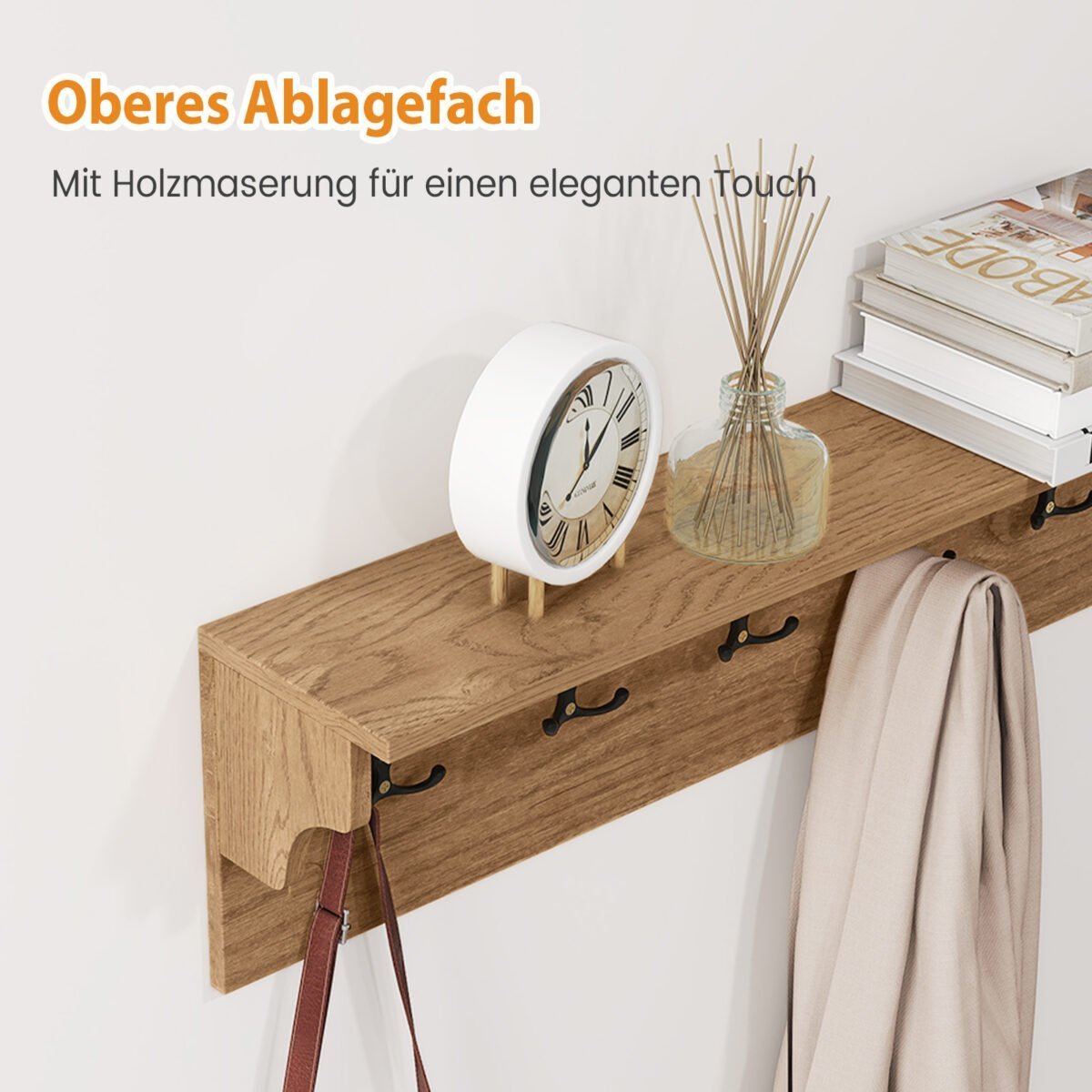 Sieninė kabykla su lentyna ir 6 kabliukais (Natūrali) – Paveikslėlis 3