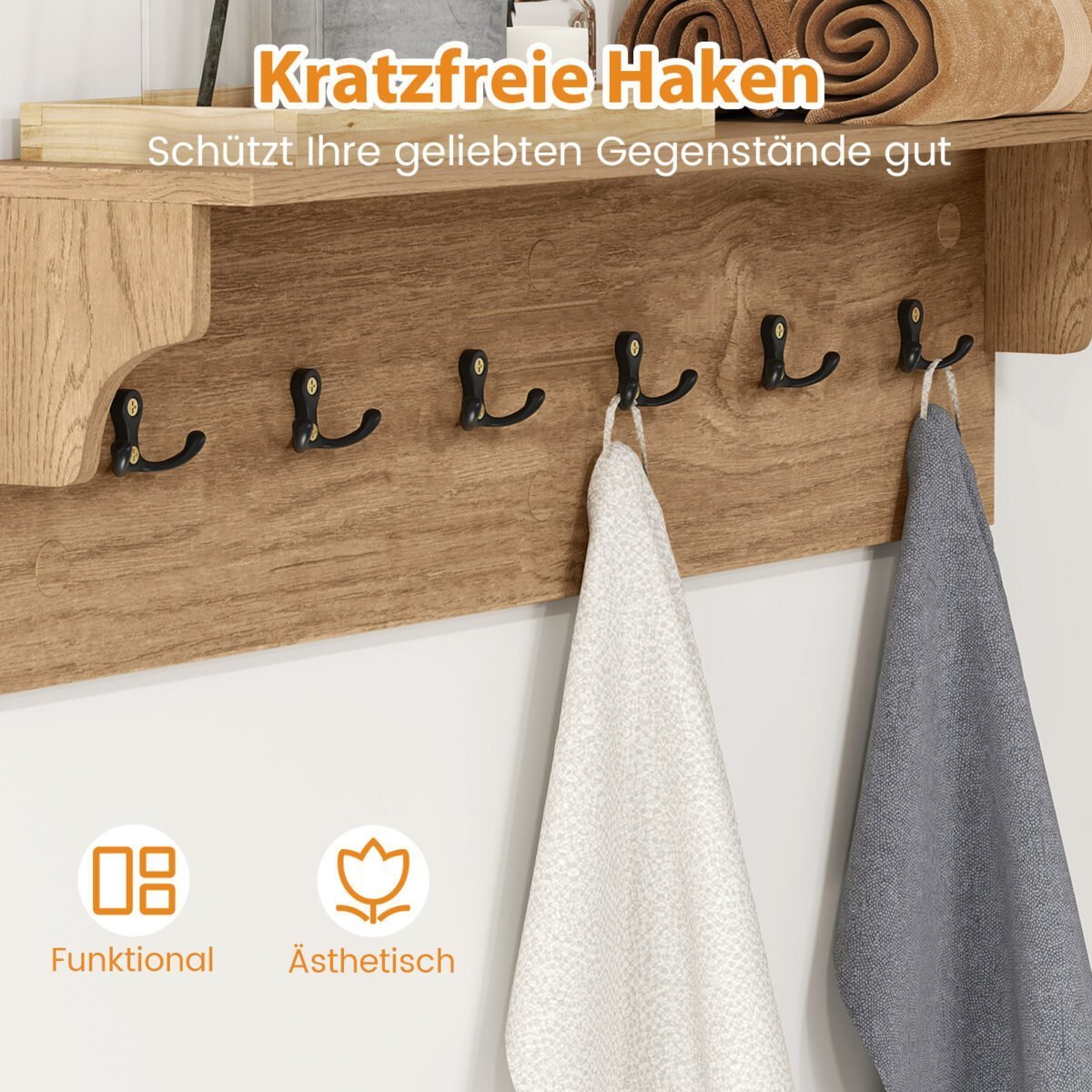 Sieninė kabykla su lentyna ir 6 kabliukais (Natūrali) – Paveikslėlis 4