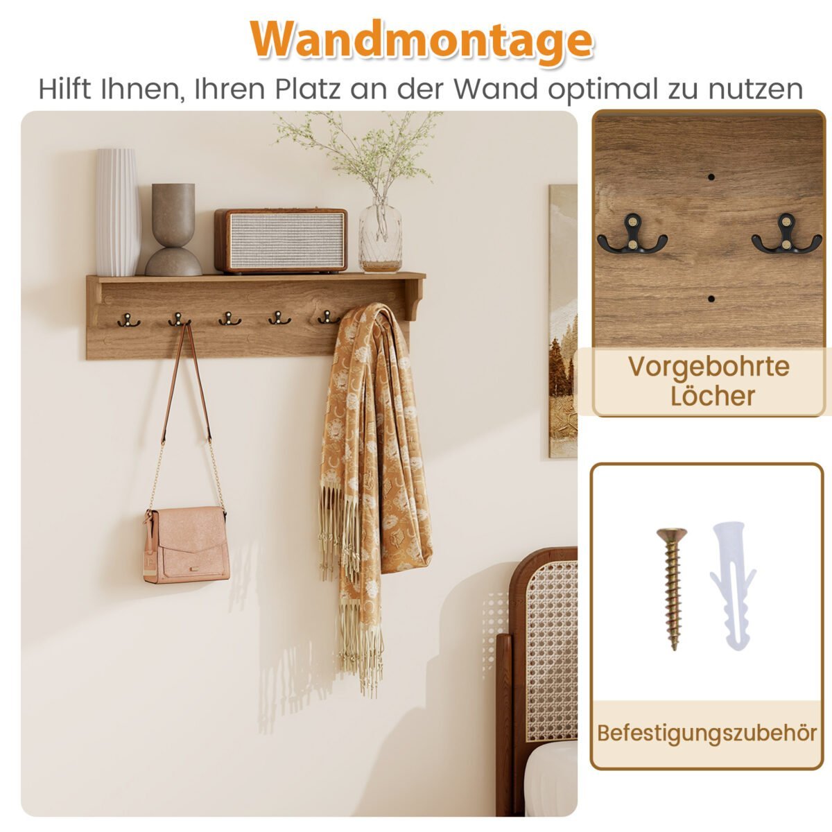 Sieninė kabykla su lentyna ir 6 kabliukais (Natūrali) – Paveikslėlis 5