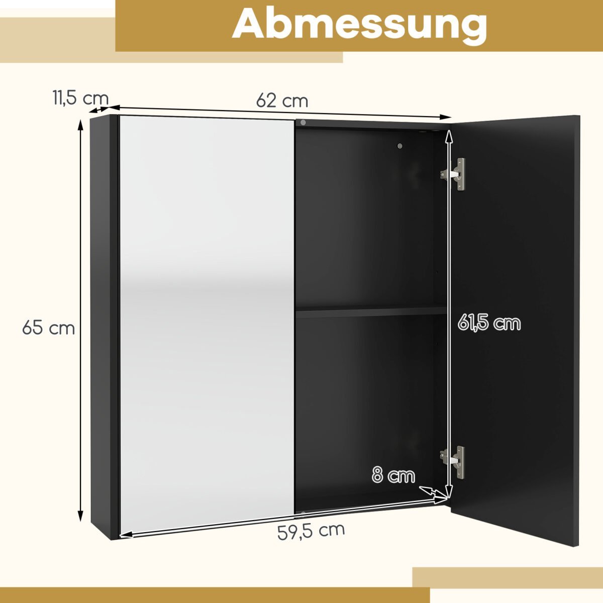 Sieninė vaistinėlė su dvigubomis veidrodinėmis durelėmis ir reguliuojama lentyna (Juoda) – Paveikslėlis 2