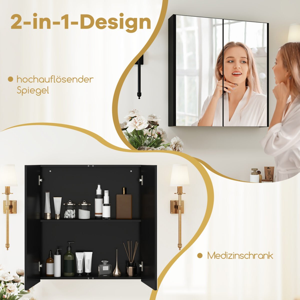 Sieninė vaistinėlė su dvigubomis veidrodinėmis durelėmis ir reguliuojama lentyna (Juoda) – Paveikslėlis 5