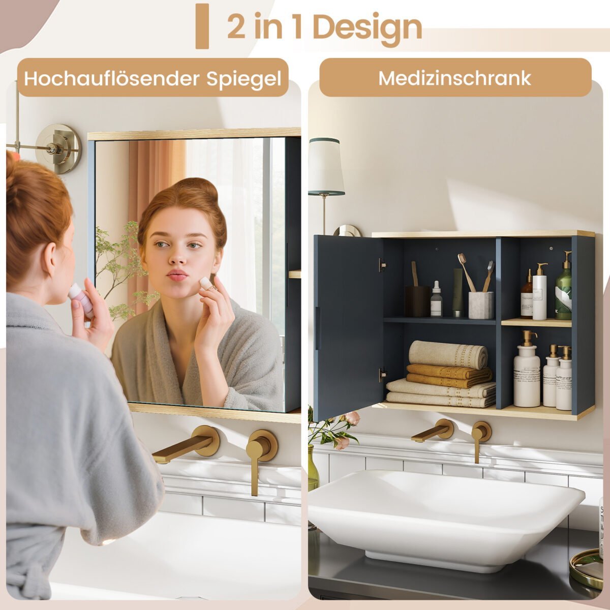 Sieninė vonios spintelė su veidrodžiu ir reguliuojama lentyna (Pilka) – Paveikslėlis 4