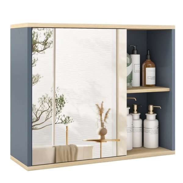 Sieninė vonios spintelė su veidrodžiu ir reguliuojama lentyna (Pilka)