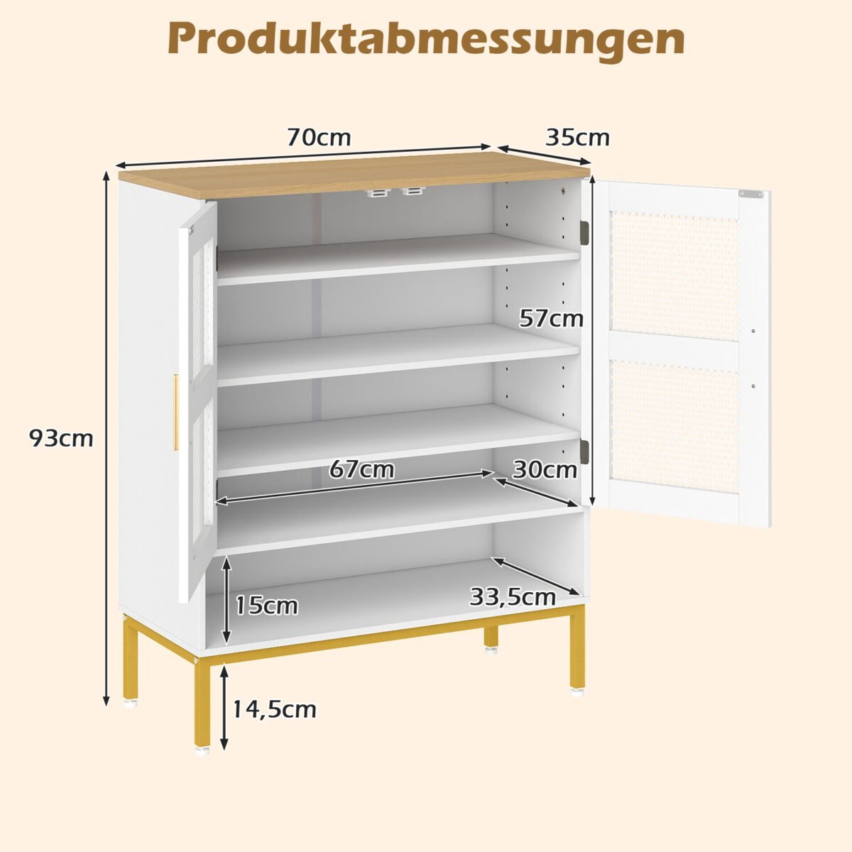 Šiuolaikinė medinė batų spintelė su reguliuojamomis lentynomis ir tinklinėmis durelėmis (Balta) – Paveikslėlis 2
