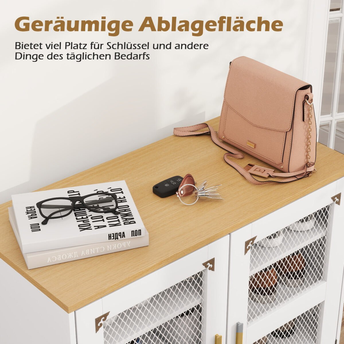 Šiuolaikinė medinė batų spintelė su reguliuojamomis lentynomis ir tinklinėmis durelėmis (Balta) – Paveikslėlis 3