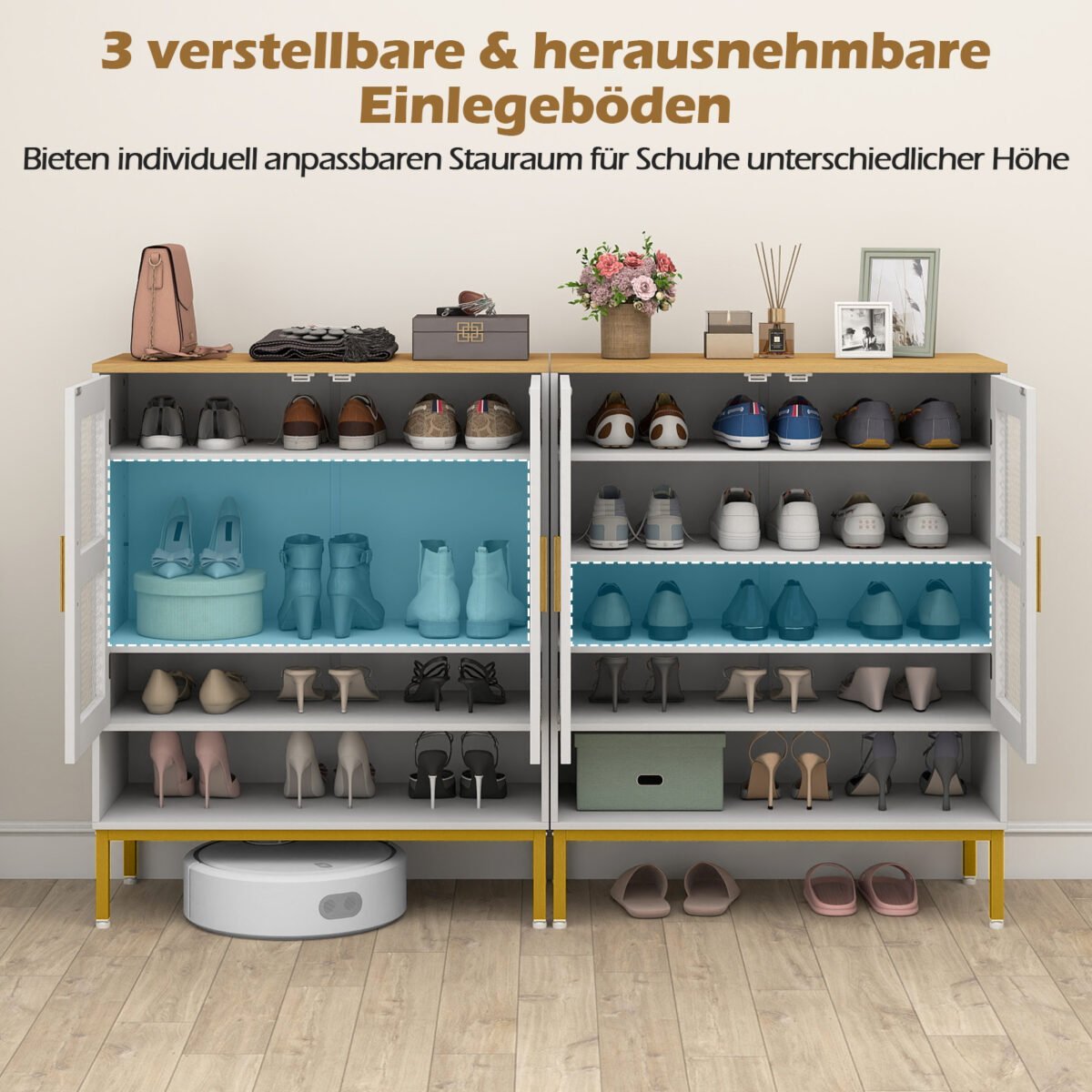 Šiuolaikinė medinė batų spintelė su reguliuojamomis lentynomis ir tinklinėmis durelėmis (Balta) – Paveikslėlis 4