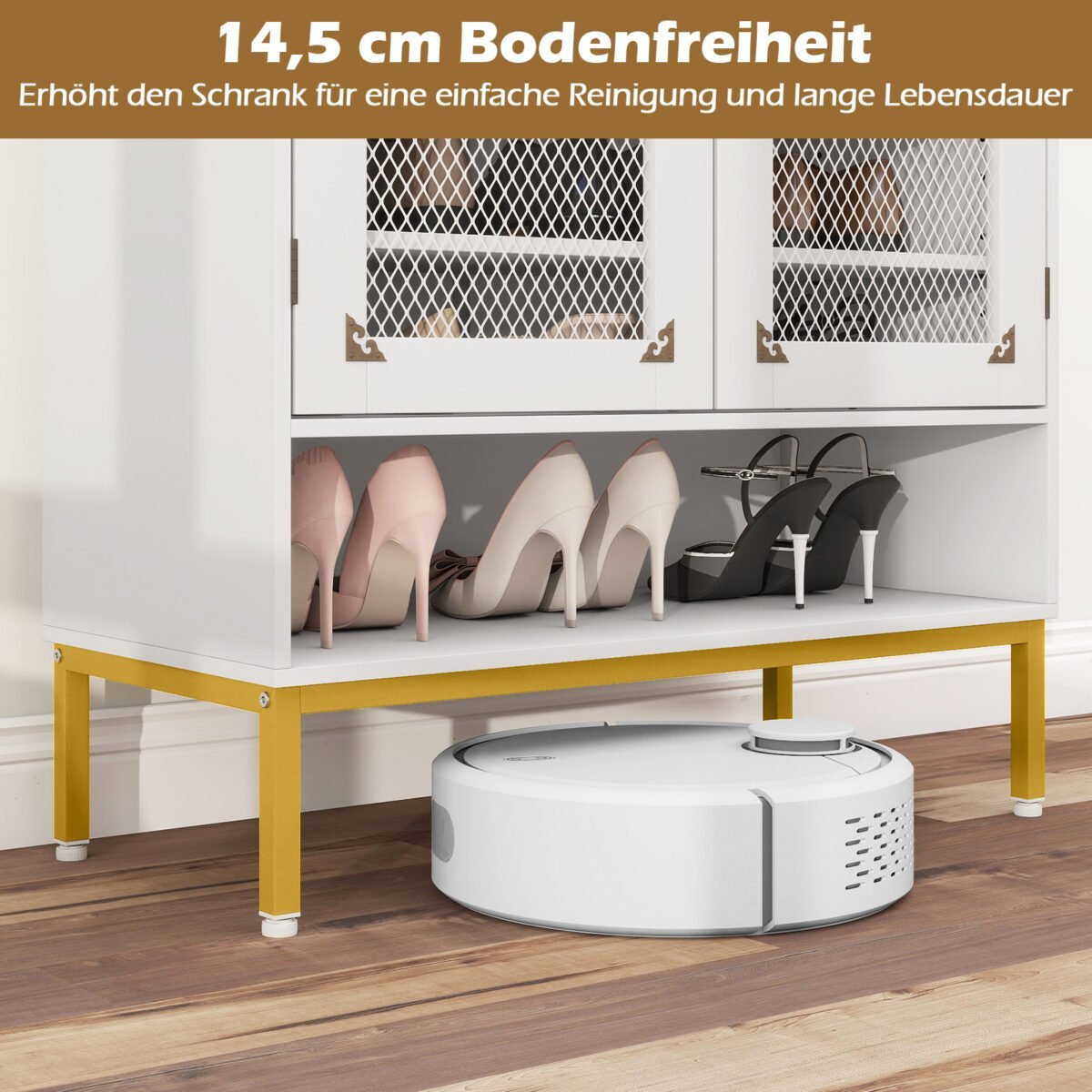 Šiuolaikinė medinė batų spintelė su reguliuojamomis lentynomis ir tinklinėmis durelėmis (Balta) – Paveikslėlis 5