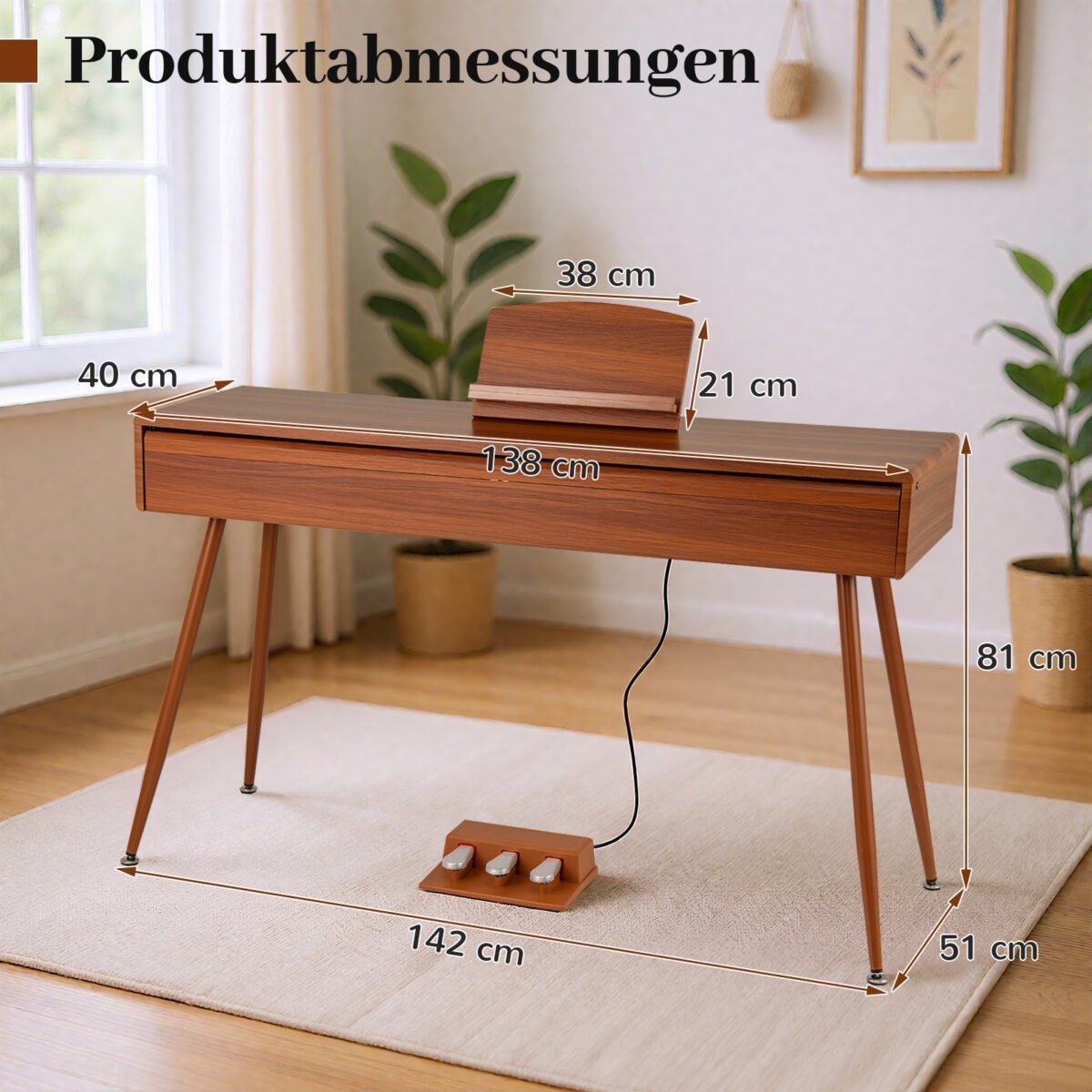 Skaitmeninis pianinas su 88 svertiniais klavišais ir ištraukiamu stalčiumi (Ruda) – Paveikslėlis 2