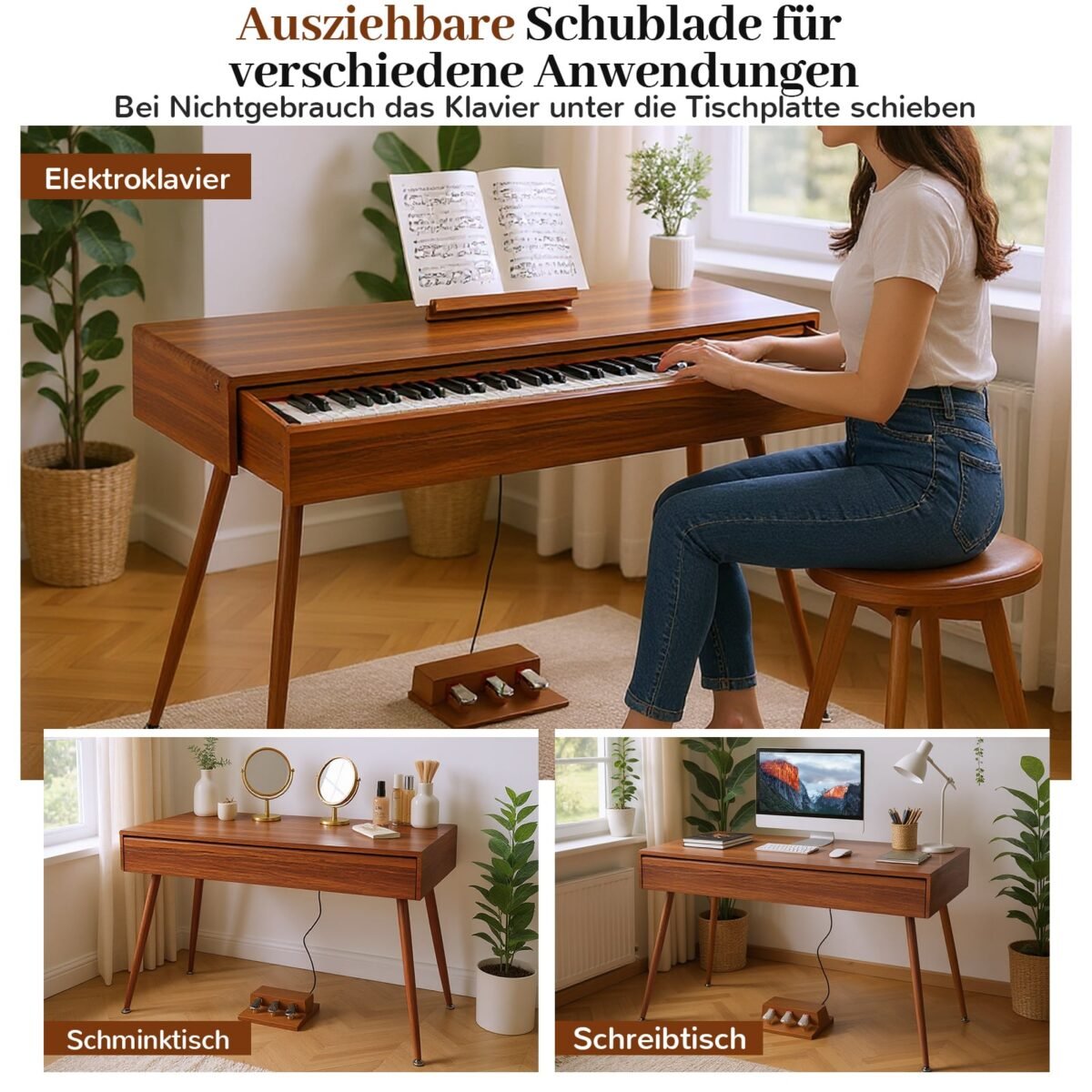 Skaitmeninis pianinas su 88 svertiniais klavišais ir ištraukiamu stalčiumi (Ruda) – Paveikslėlis 3