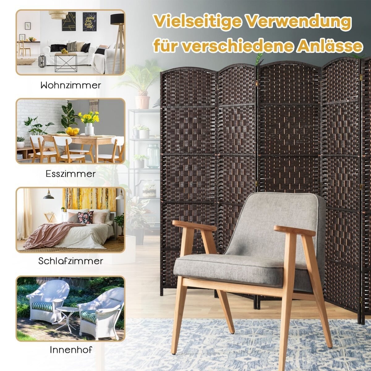 Sulankstoma 6 dalių erdvės pertvara su mediniu rėmu (Ruda) – Paveikslėlis 3