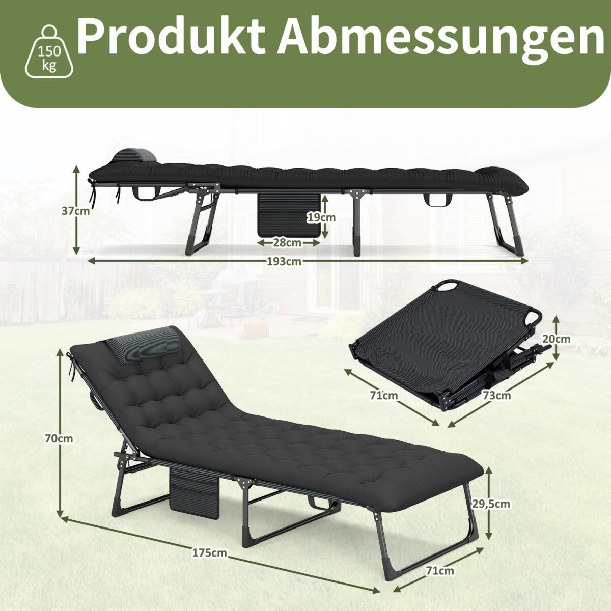 Sulankstoma kempingo lova su nuimamu čiužiniu ir reguliuojama atrama nugarai (Juoda) – Paveikslėlis 2