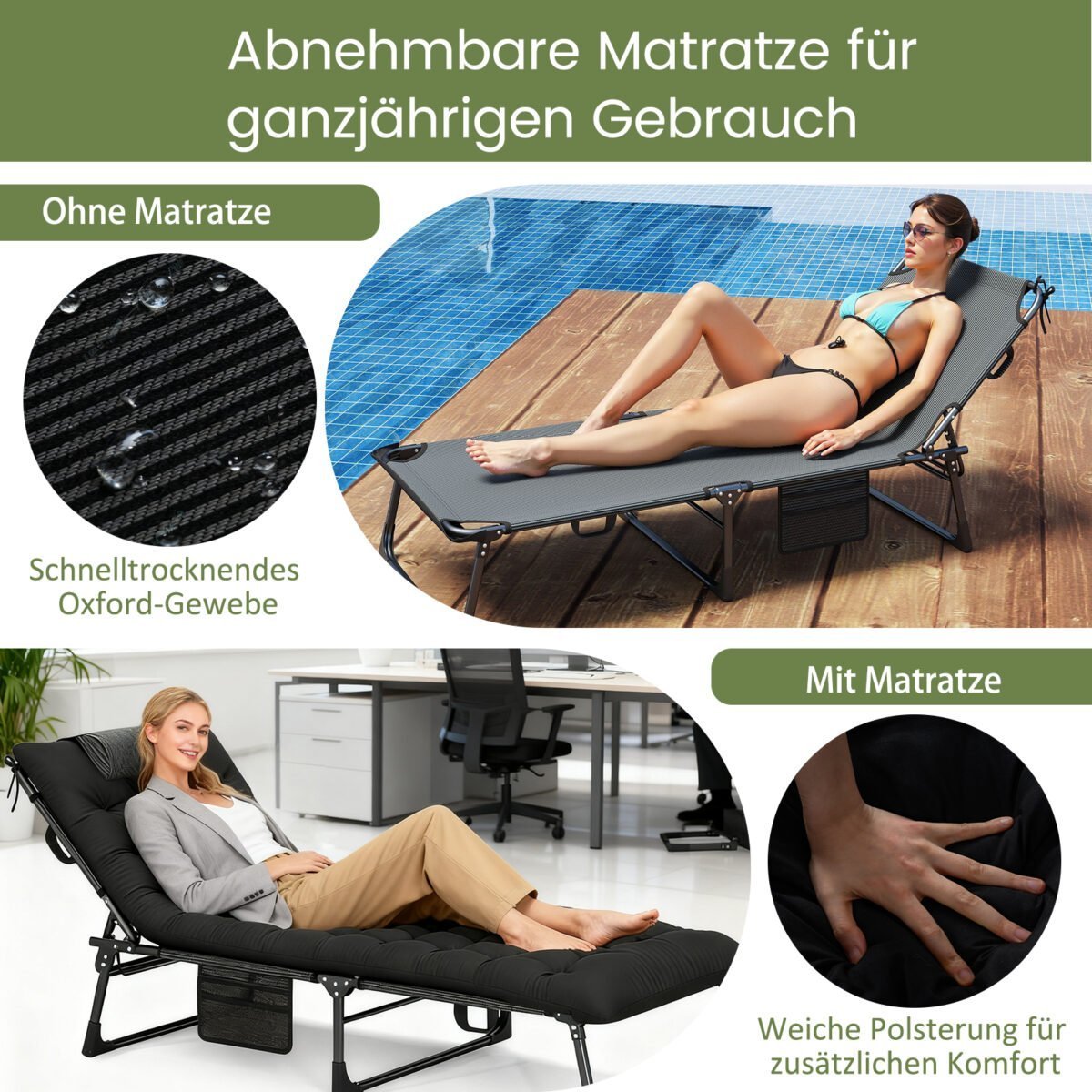 Sulankstoma kempingo lova su nuimamu čiužiniu ir reguliuojama atrama nugarai (Juoda) – Paveikslėlis 3