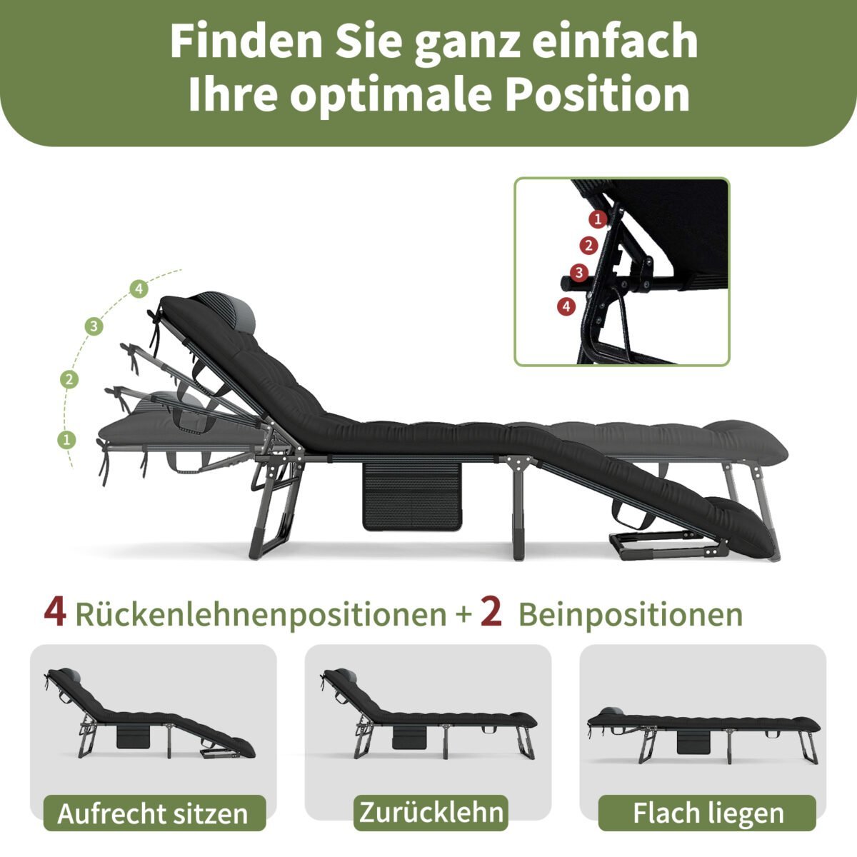 Sulankstoma kempingo lova su nuimamu čiužiniu ir reguliuojama atrama nugarai (Juoda) – Paveikslėlis 4