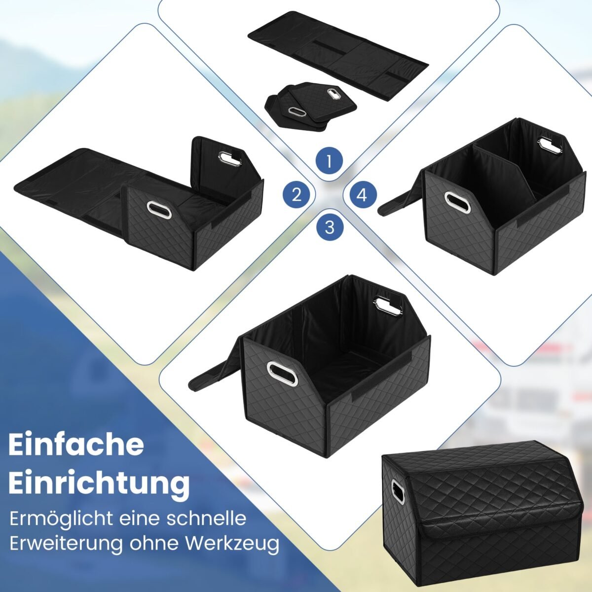 Odinė automobilio bagažinės daiktadėžė su dangčiu ir lanksčia pertvara (Juoda) – Paveikslėlis 3