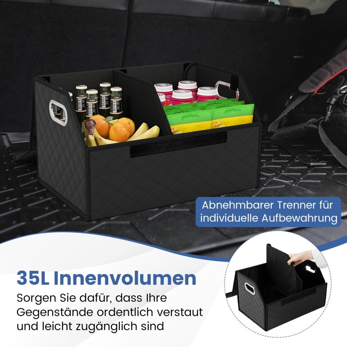 Odinė automobilio bagažinės daiktadėžė su dangčiu ir lanksčia pertvara (Juoda) – Paveikslėlis 4