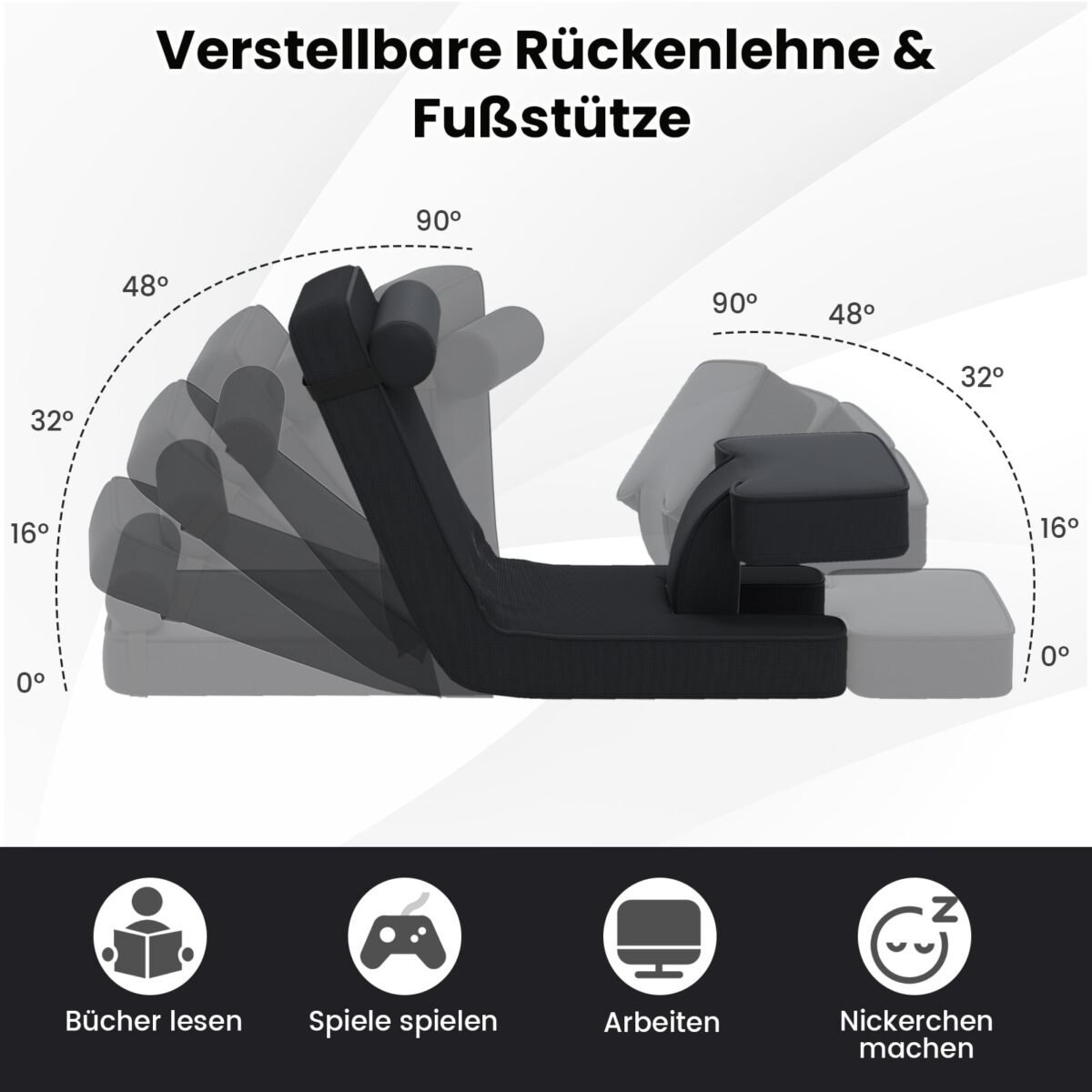 Sulankstomas daugiafunkcis grindų fotelis su 5 padėčių reguliuojamu atlošu (Juoda)
