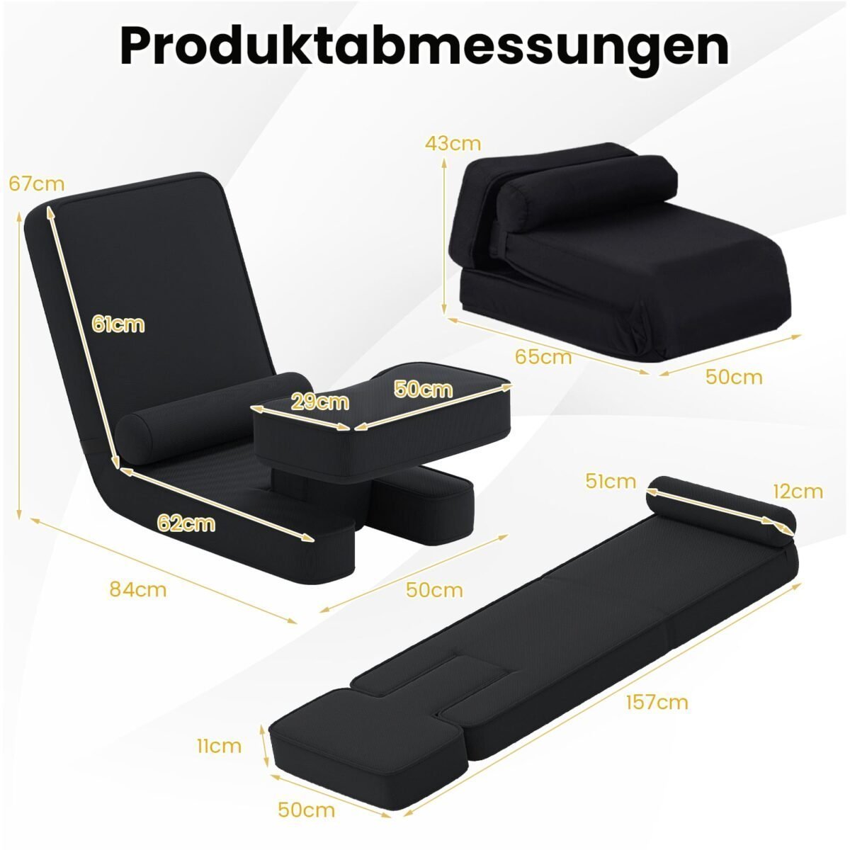 Sulankstomas grindų fotelis su 5 padėčių reguliuojamu atlošu (Juoda) – Paveikslėlis 2