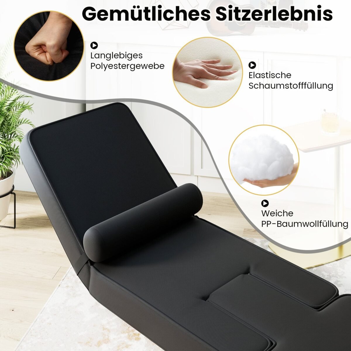 Sulankstomas grindų fotelis su 5 padėčių reguliuojamu atlošu (Juoda) – Paveikslėlis 3