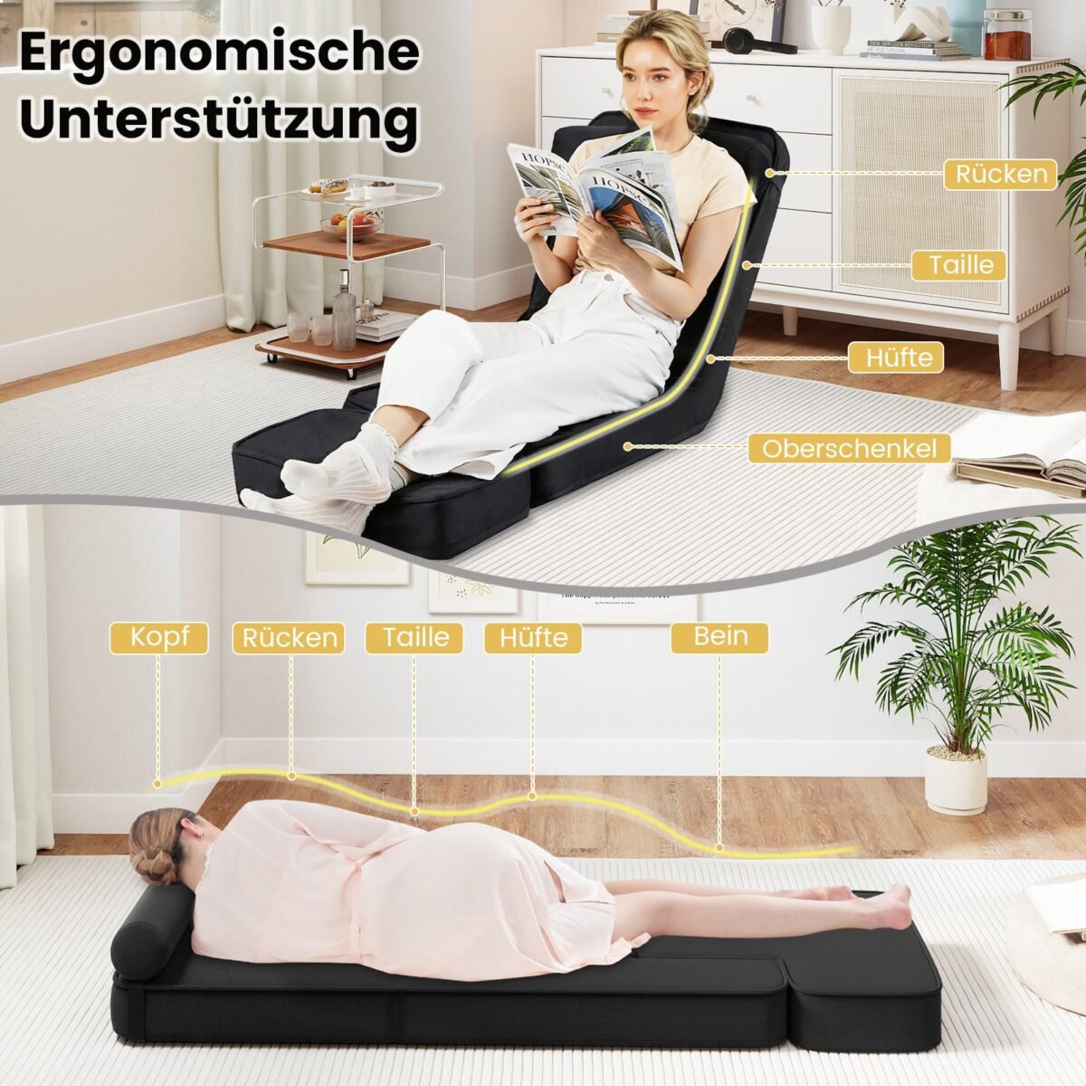 Sulankstomas grindų fotelis su 5 padėčių reguliuojamu atlošu (Juoda) – Paveikslėlis 4