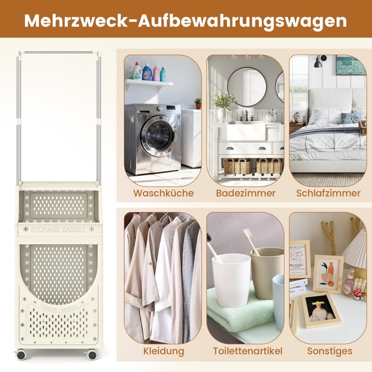 Sulankstomas skalbinių vežimėlis su drabužių kabykla ir ratukais (Balta) – Paveikslėlis 3