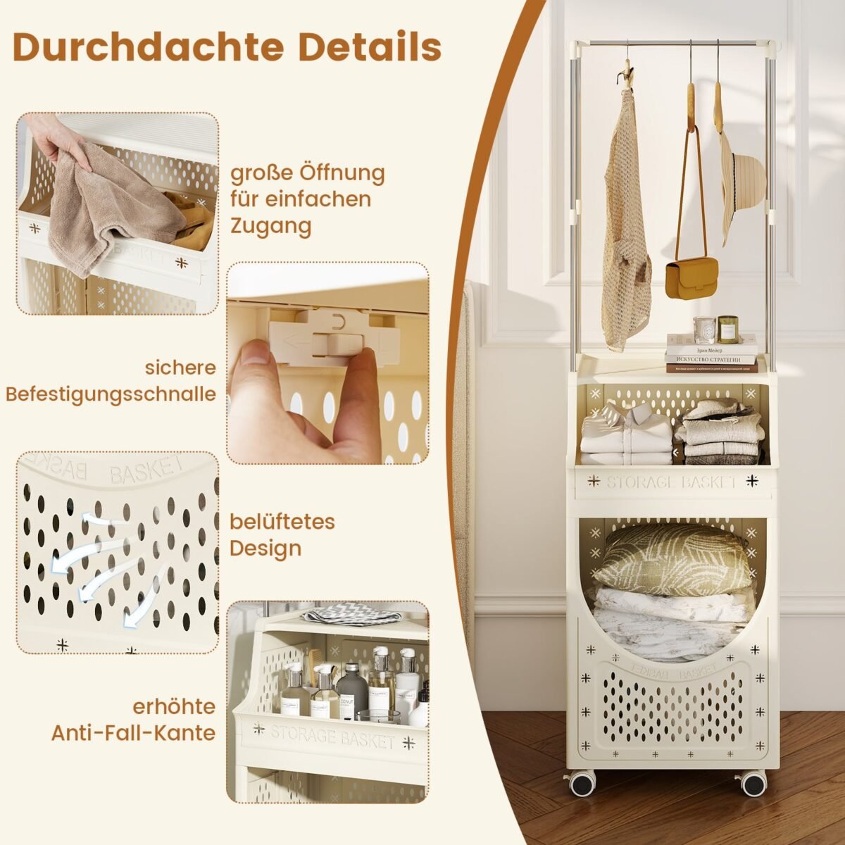 Sulankstomas skalbinių vežimėlis su drabužių kabykla ir ratukais (Balta) – Paveikslėlis 4