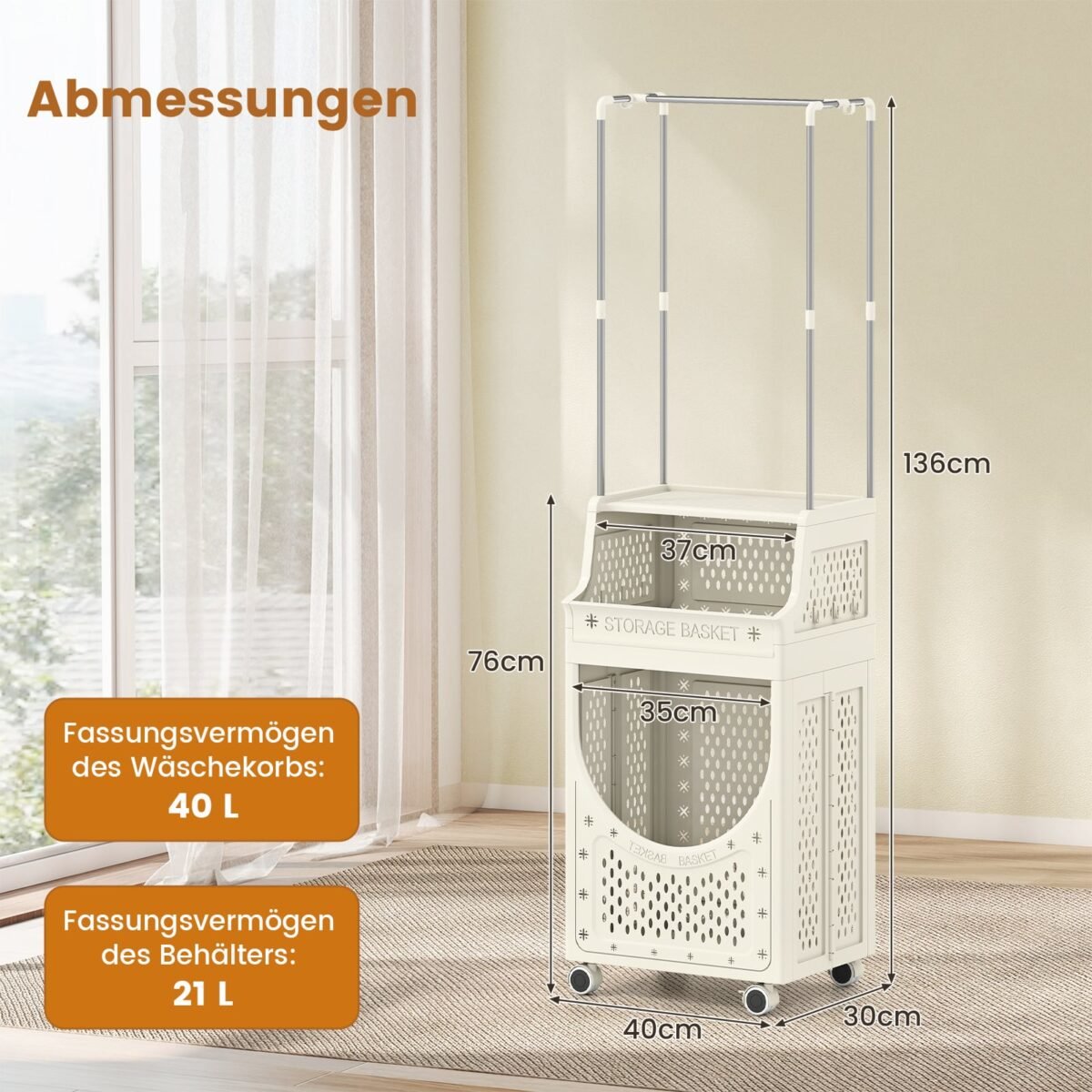 Sulankstomas skalbinių vežimėlis su drabužių kabykla ir ratukais (Balta) – Paveikslėlis 5