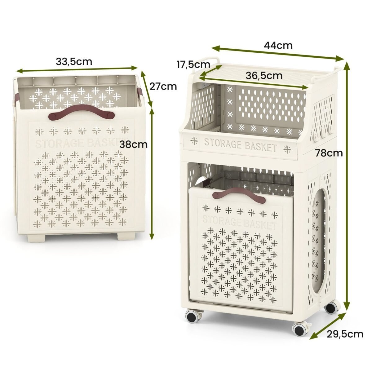 Sulankstomas skalbinių vežimėlis su viršutine lentyna ir ratukais (Smėlio) – Paveikslėlis 2