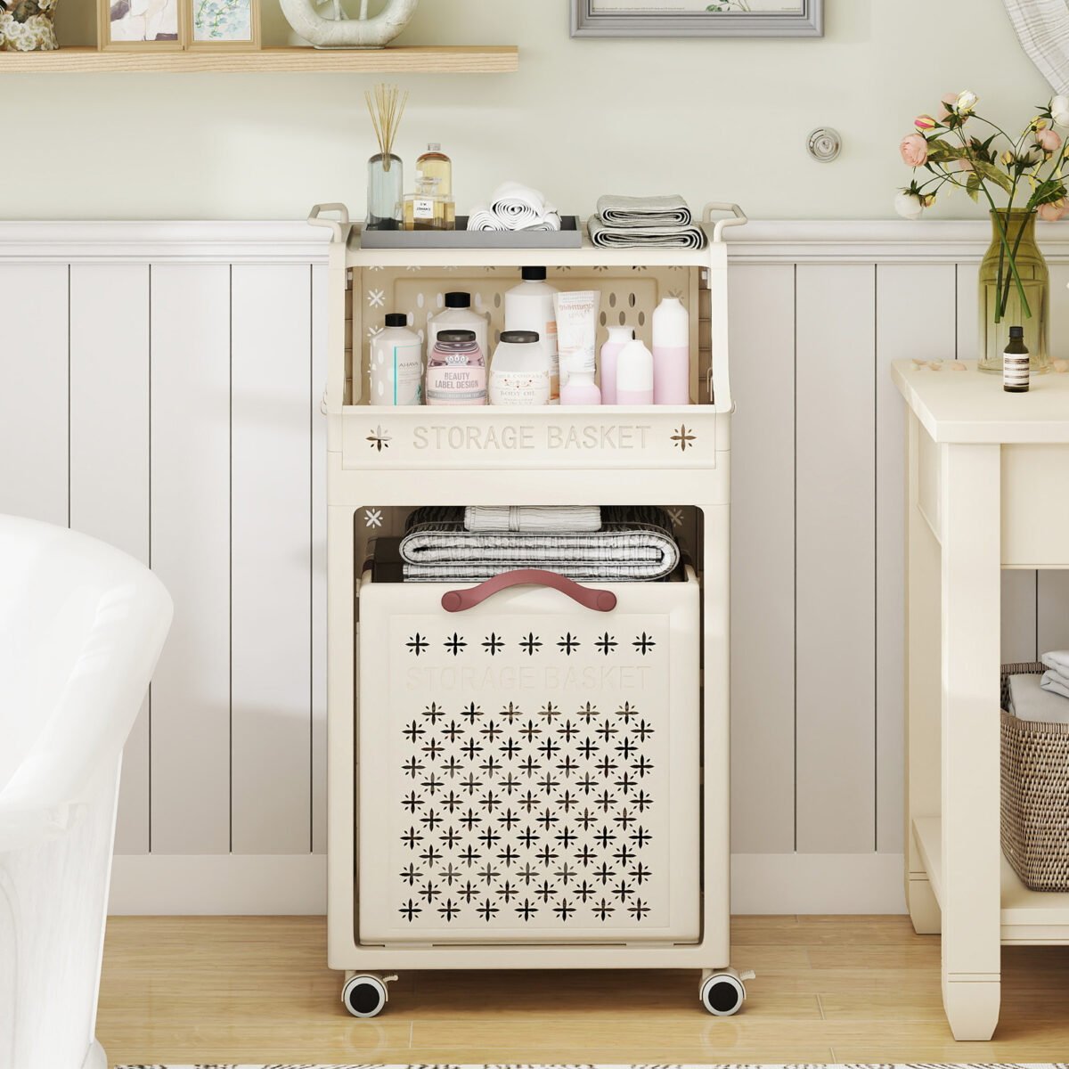 Sulankstomas skalbinių vežimėlis su viršutine lentyna ir ratukais (Smėlio) – Paveikslėlis 3