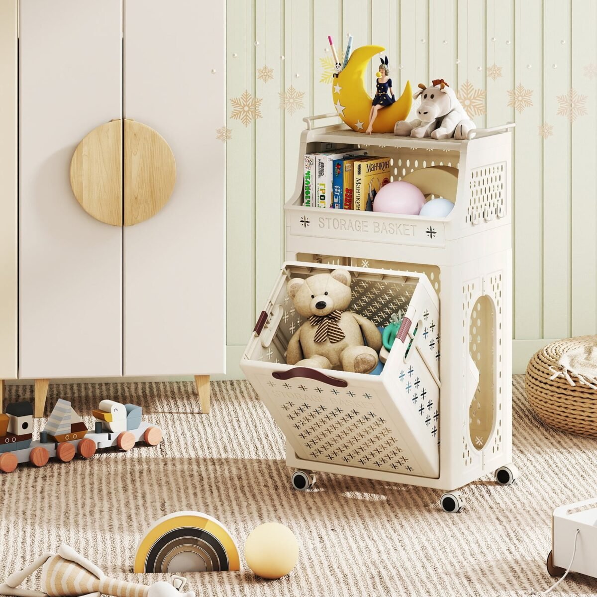 Sulankstomas skalbinių vežimėlis su viršutine lentyna ir ratukais (Smėlio) – Paveikslėlis 4