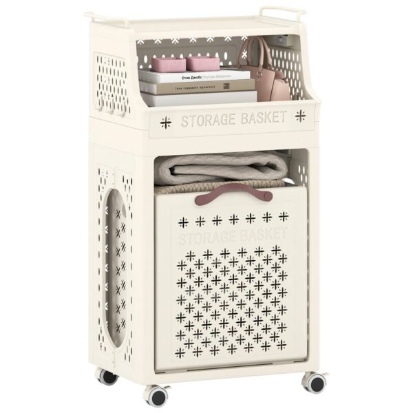 Sulankstomas skalbinių vežimėlis su viršutine lentyna ir ratukais (Smėlio)